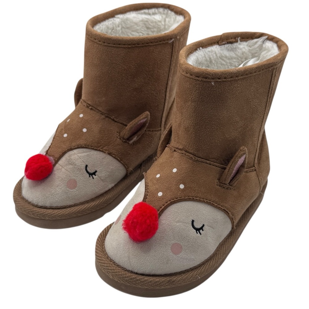 Adorable Kid’s Red Nose Reindeer Pull On Boots with Faux Fur Lining Size 10